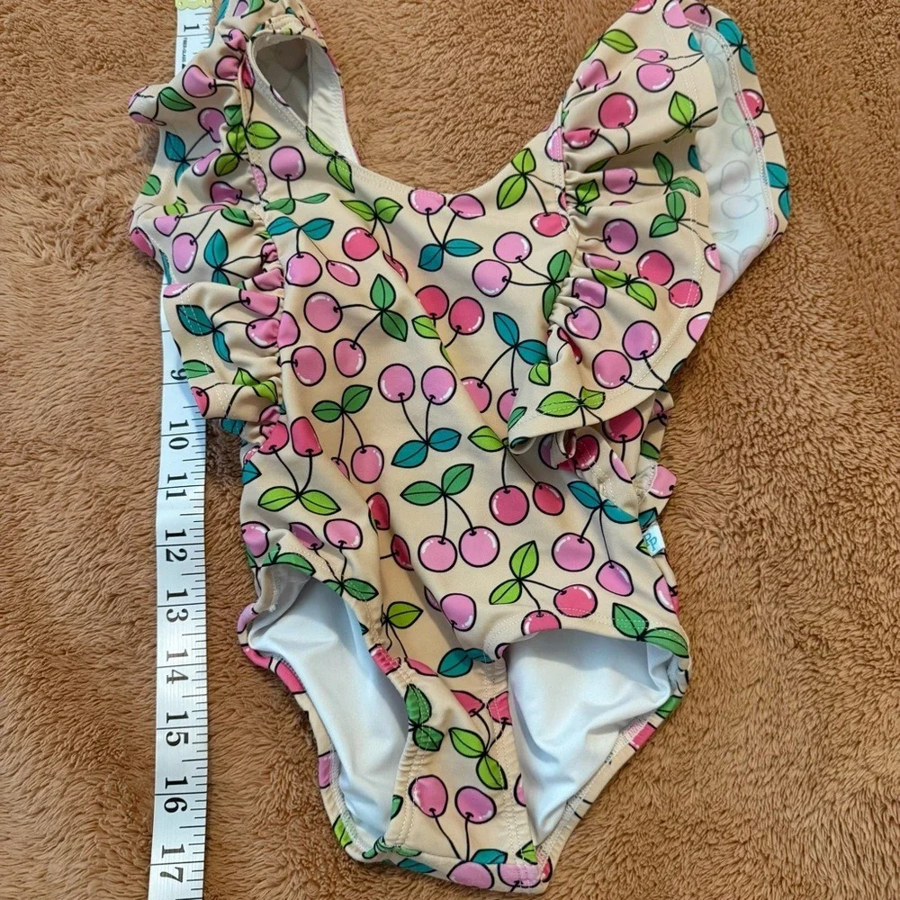Posh Peanut Girls Pink Cherry Ruffle One Piece Swimsuit Tan Size 12-18M